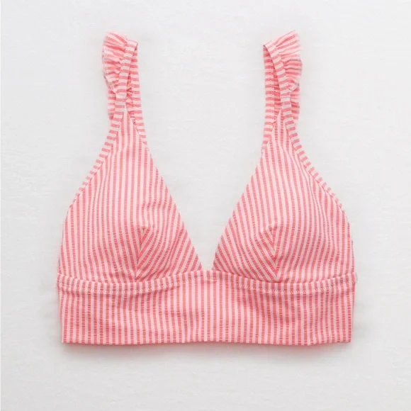 AERIE bikini top striped long line seersucker coral size M - Picture 2 of 6